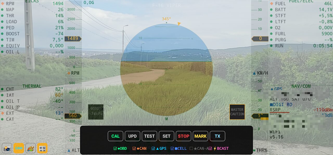 ErgissVAG F16 — HUD peste imaginea camerei AR cu sursele de date