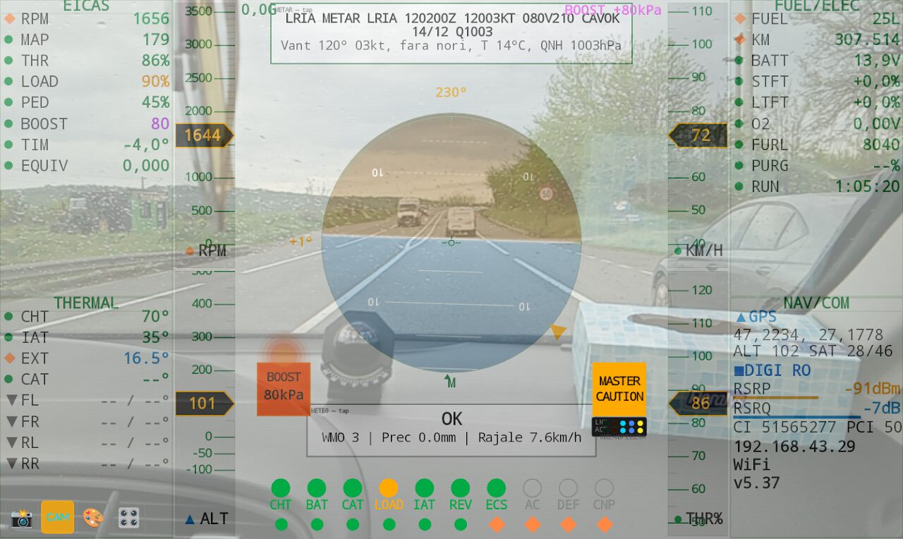 ErgissVAG F16 — HUD pe parbriz cu master caution și sursă CAN pe WiFi